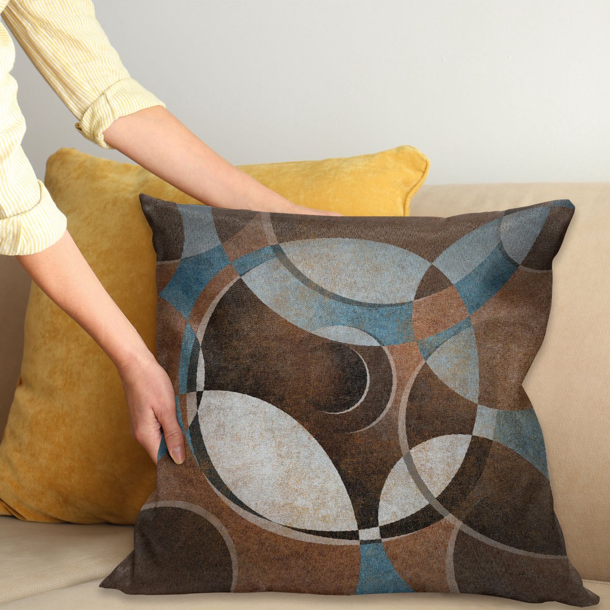 ABAKUHAUS Abstract Kussenhoes, Grunge Vintage-Runden, Wasbare Kleurechte Kussenhoes met Digitale Dubbelzijdige Print en Ritssluiting, 50 x 50 cm, Blauwgrijs Umbrabraun