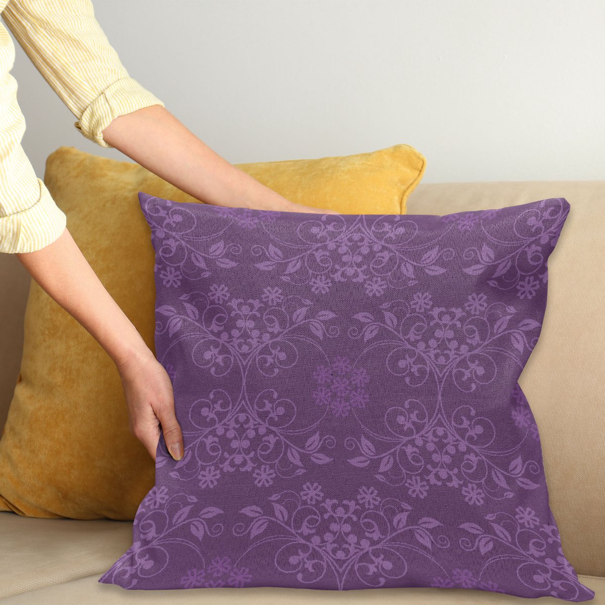 ABAKUHAUS Aubergine Kussenhoes, Anordnung Ornament, Kussenhoes zonder Binnenkussen, met Ritssluiting, Dubbelzijdige Print, Wasbaar, 40 x 40 cm, Violet