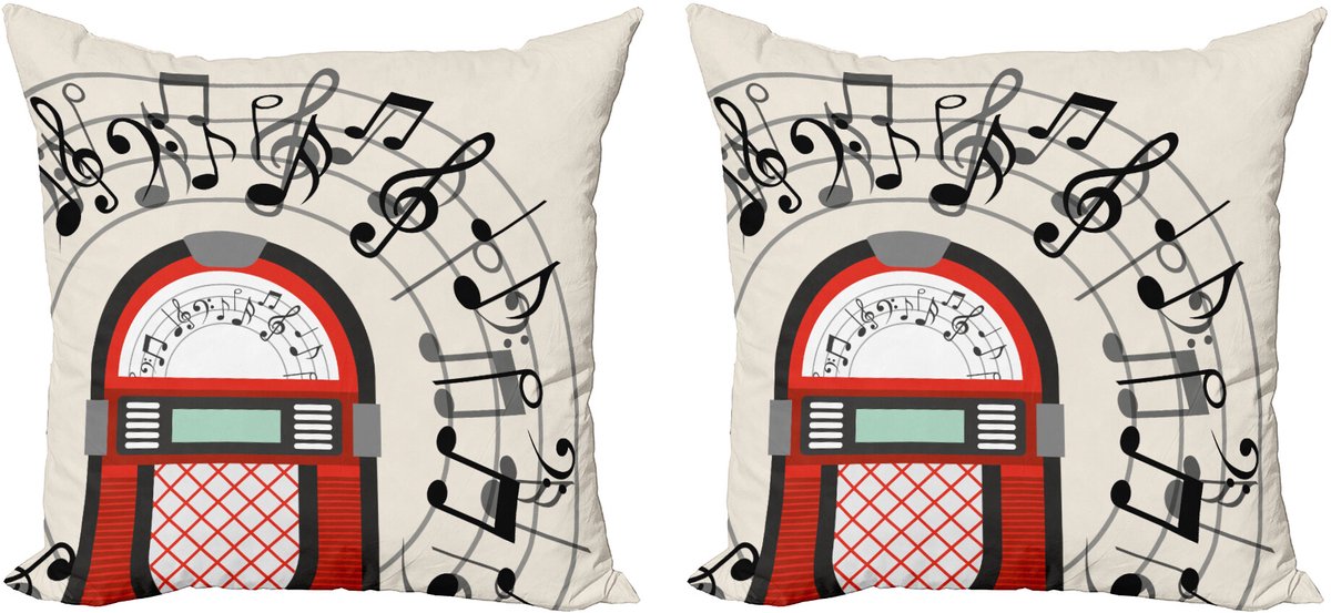 ABAKUHAUS Feest Sierkussenhoes Set van 2, Antiek Rood Oud Muziek Box, Modern Accent Dubbelzijdige Digitale Print, 50x50, Zwart Grijs Rood