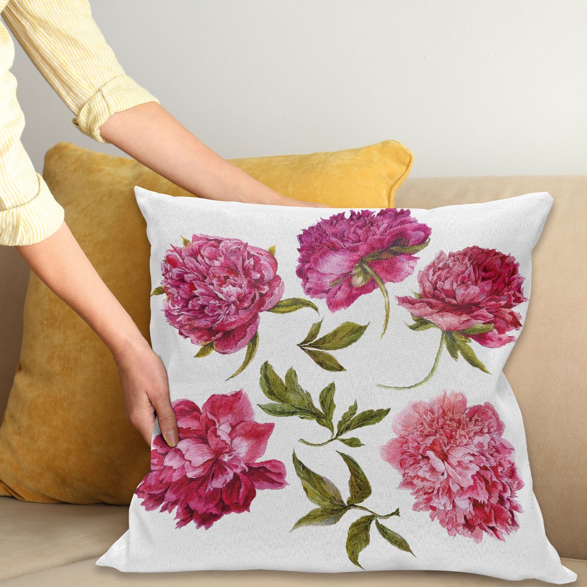ABAKUHAUS Bloemen Kussenhoes, Frühjahr Knospen Levendig Tinten, voor de Binnen of Buiten Gebruik Geschikt met Ritssluiting Wasbare Stof, 40 x 40 cm, Olivgrün Magenta