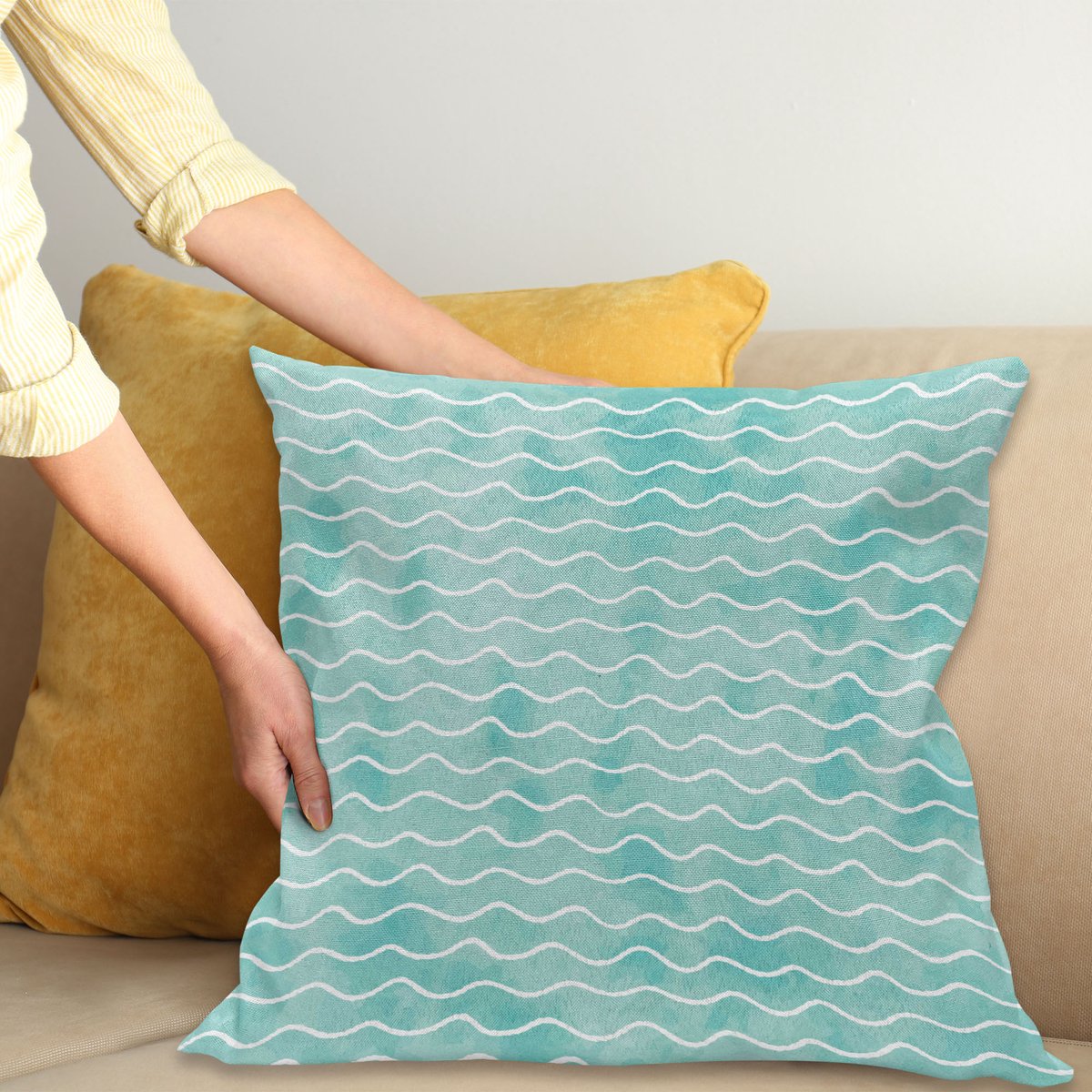 ABAKUHAUS Nautisch Kussenhoes, Oceaan Zee Wellenmuster, Wasbare Kussenhoes met Ritssluiting, Kleurechte Heldere Kleuren en Dubbelzijdige Print, 40 x 40 cm, Turquoise Wit