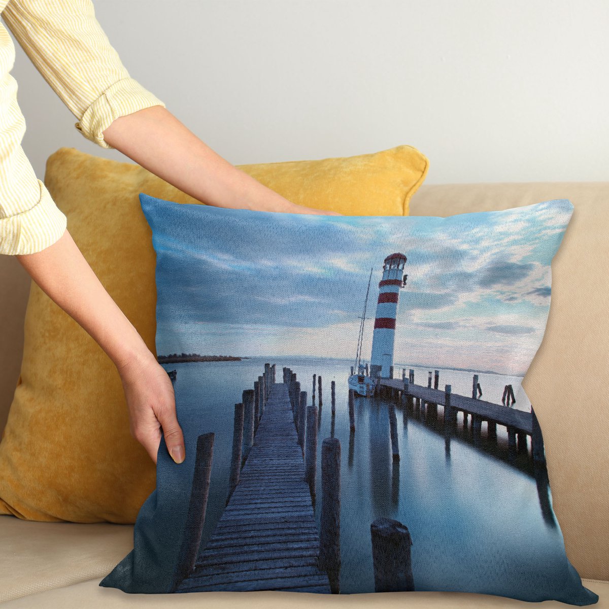 ABAKUHAUS maritim Kussenhoes, Leuchtturm Zee bei Sonnenaufgang, Kussenhoes met Dubbelzijdig Patroon, Heldere Digitale Print, Kleurecht, met Ritssluiting, 40 x 40 cm, Donkerbruin Blauwgrijs