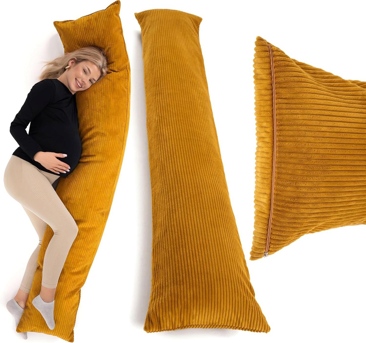 Zwangerschapskussen, 40 x 145 cm, zwangerschapskussen, geschikt voor mensen met allergieën, mosterdgeel, 145 x 40 cm