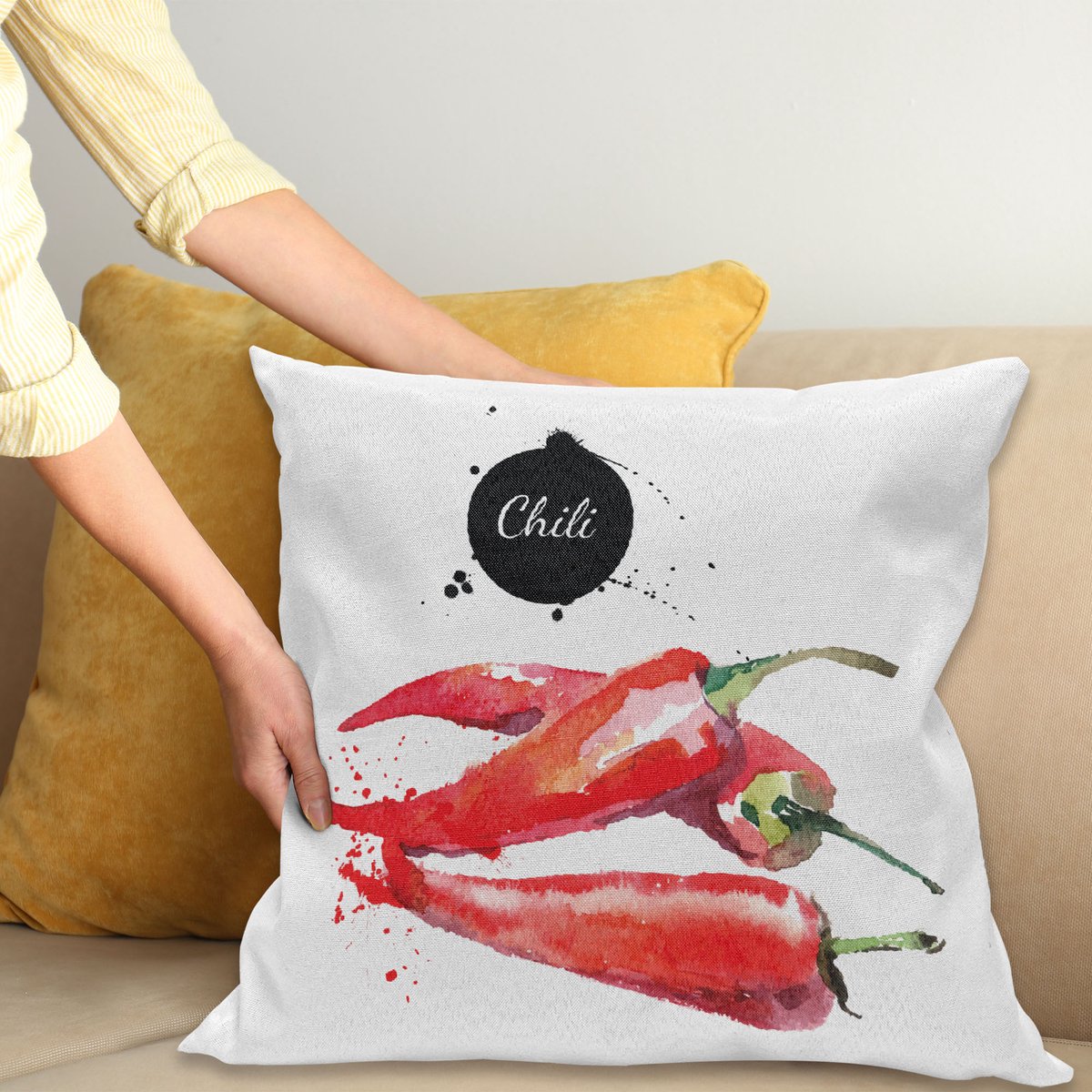 ABAKUHAUS Essen Kussenhoes, Chili Warm Spicy, voor de Binnen of Buiten Gebruik Geschikt met Ritssluiting Wasbare Stof, 40 x 40 cm, Varengroen Zinnoberrot