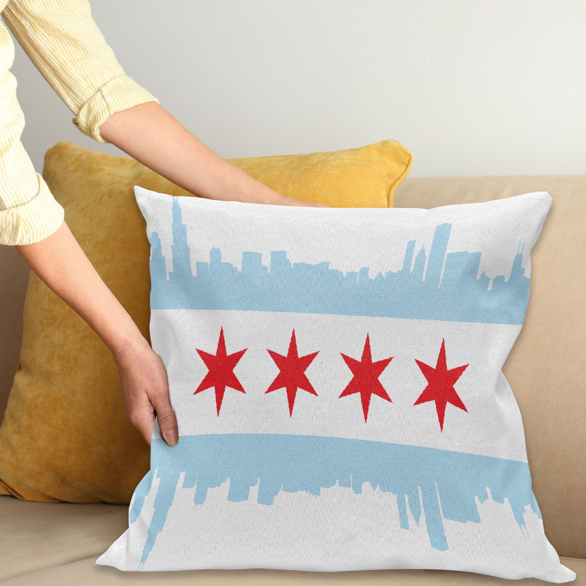 ABAKUHAUS Chicago Skyline Kussenhoes, Gebäude Vlag, Wasbare Kleurechte Kussenhoes met Digitale Dubbelzijdige Print en Ritssluiting, 40 x 40 cm, Rood Wit Babyblau