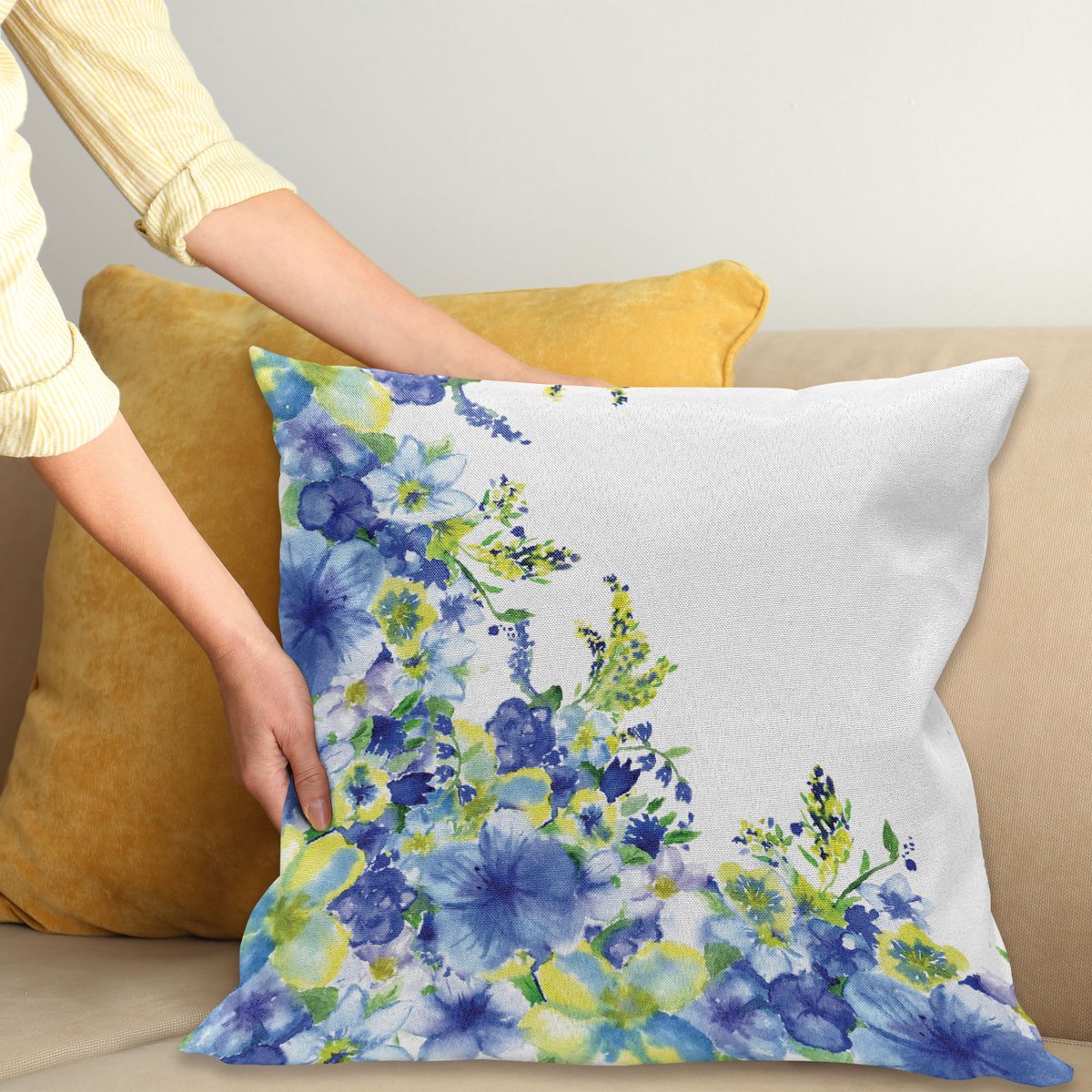 ABAKUHAUS Blauw Kussenhoes, Brauen Bladeren, Met Ritssluiting, Wasbaar, Dubbelzijdige Digitale Print, Heldere Kleuren, Hoogwaardige Stof, 45 x 45 cm, Blauw Geel