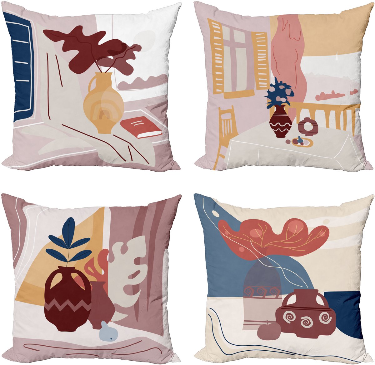 ABAKUHAUS Minimalistisch Sierkussen Kussenhoes 4er Set, Vase Bloemen Pastel Kleurrijk Modern Accent Dubbelzijdige Digitale Print, 60 cm x 60 cm, Blauw Getrocknete Roos Ecru