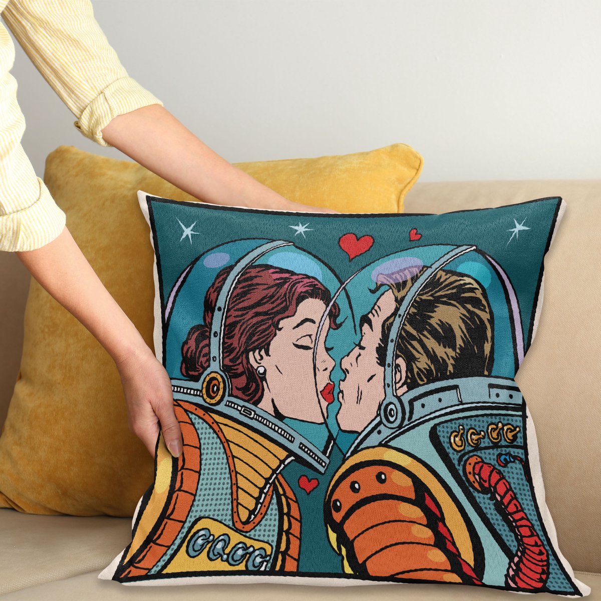ABAKUHAUS Liefde Kussenhoes, Cartoon Kuss in Ruimte, Wasbare Sierkussenhoes voor Binnen/Buiten, Dubbelzijdige Print met Ritssluiting, 40 x 40 cm, Meerkleurig