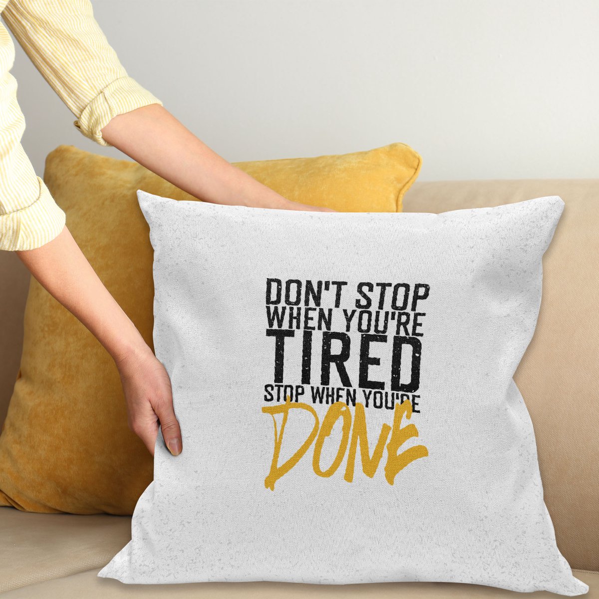 ABAKUHAUS motivational Kussenhoes, Stop Wenn Fertig, Kussenhoes met Ritssluiting en Dubbelzijdige Print, 40 x 40 cm, Aarde Geel Zwart Wit