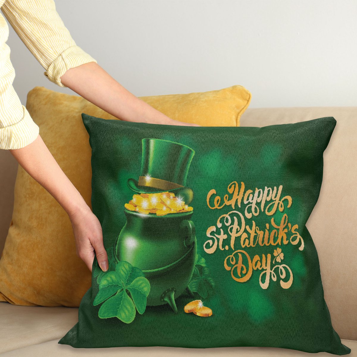 ABAKUHAUS Feier Kussenhoes, Irish Pot van Gold, Kussenhoezen met Dubbelzijdige Print Kleurecht Wasbaar en Ritssluiting, 45 x 45 cm, Geel en Smaragd