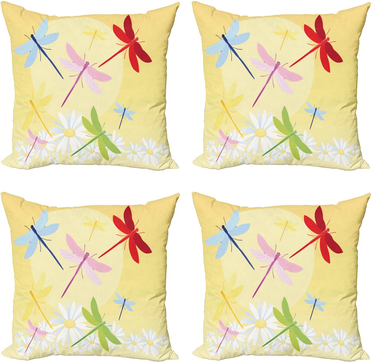 ABAKUHAUS Libel Sierkussen Kussenhoes 4er Set, Blumenfeld en Sonne, Modern Accent Dubbelzijdige Digitale Print, 45 x 45 cm, Meerkleurig