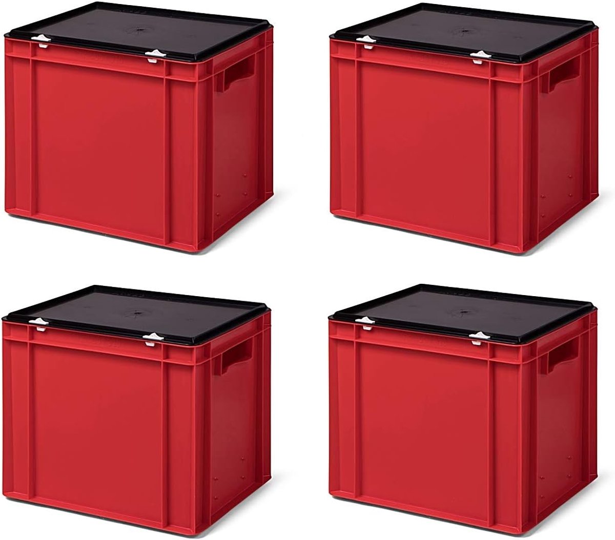 4 stuks TK432-VD, Transportstapelbak rood met zwart afsluitdeksel, 400x300x331/320 mm (LxBxH), volume 29 liter, draagvermogen 45 kg, voedselveilige industriekwaliteit van PP