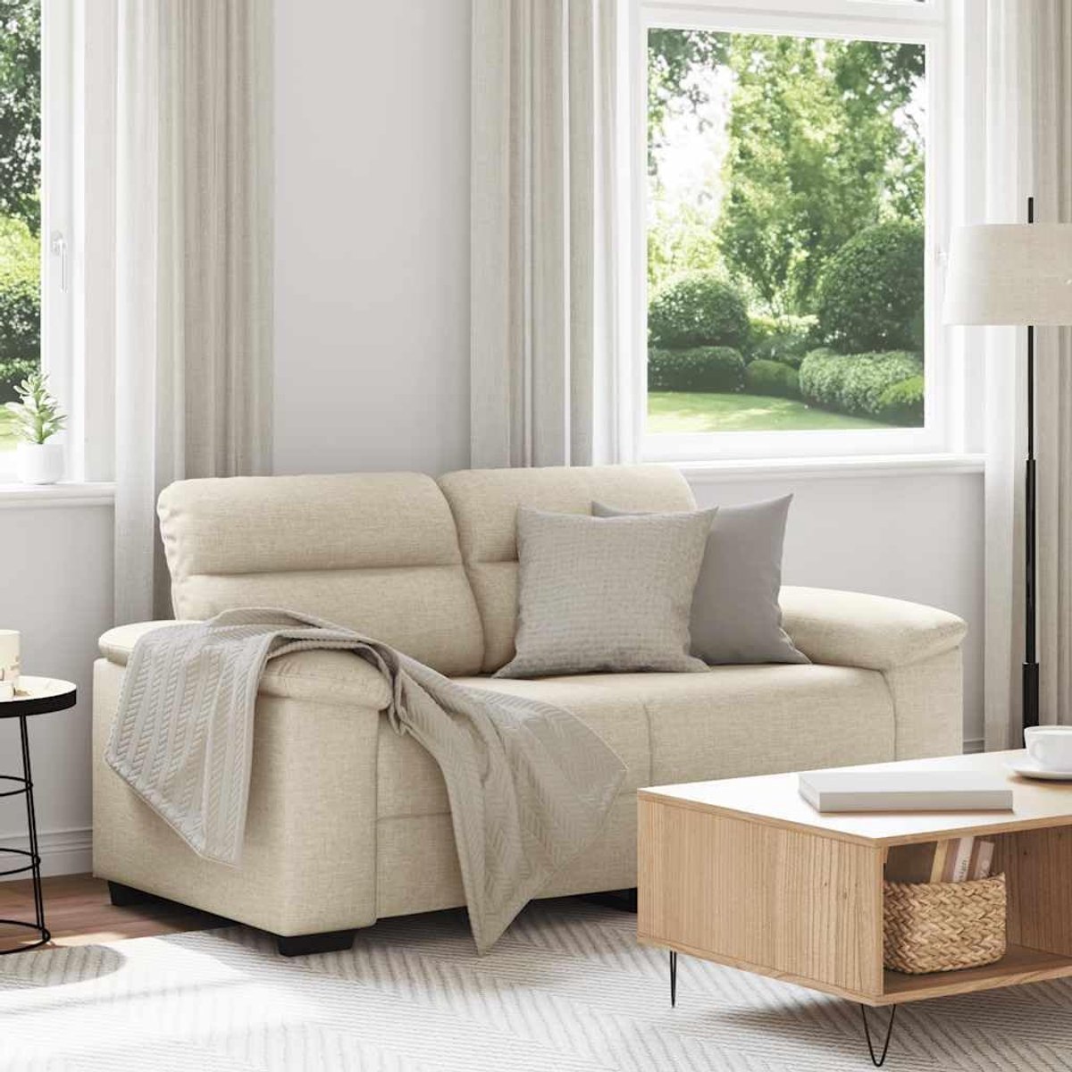 2-zitsbank 120 cm linnen stof met brede armleuningen en robuust houten metalen frame voor woonkamer en kantoor, comfortabele bekleding en ademend natuurlijk materiaal