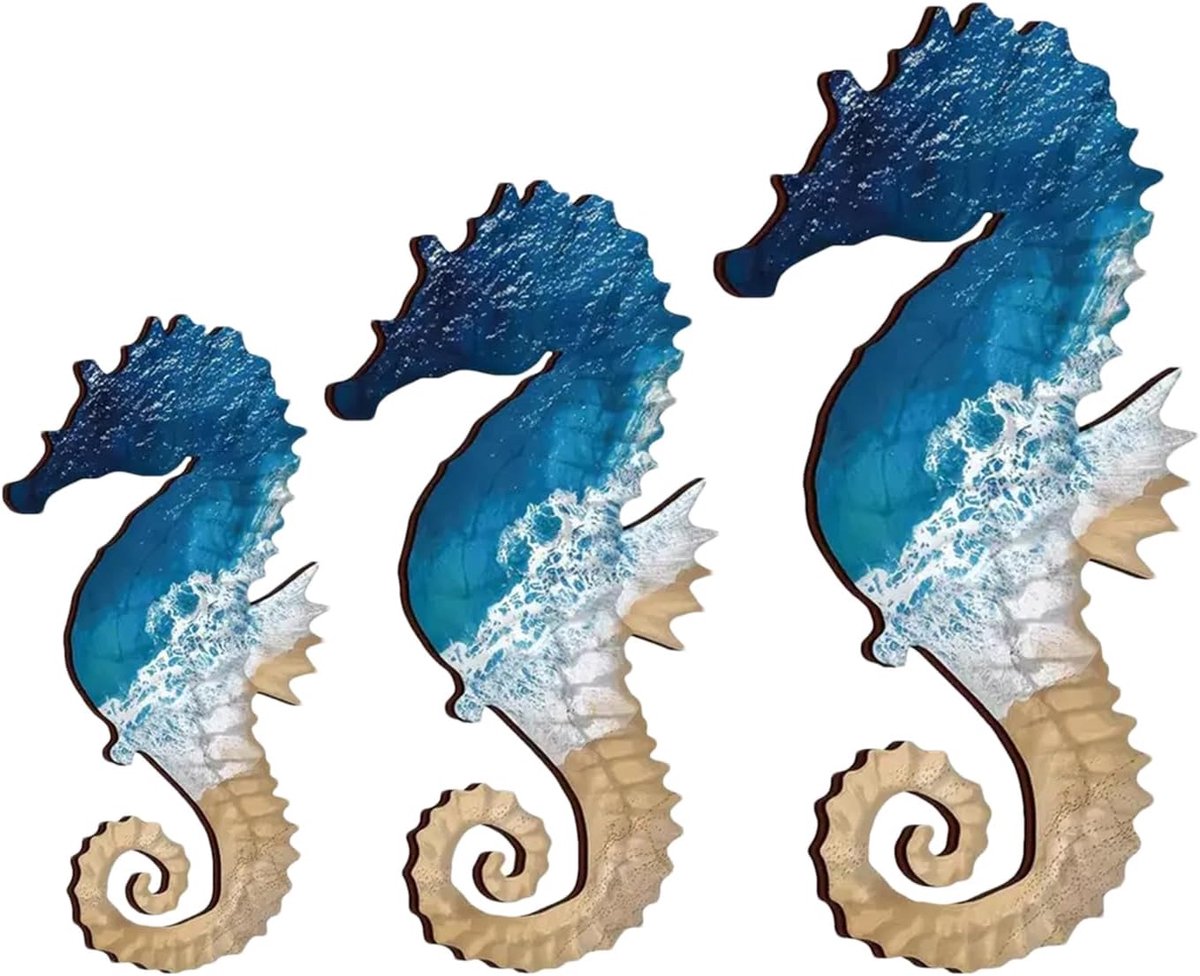 Zeepaardjes, verpakking met 3 stuks houten kustfiguren
