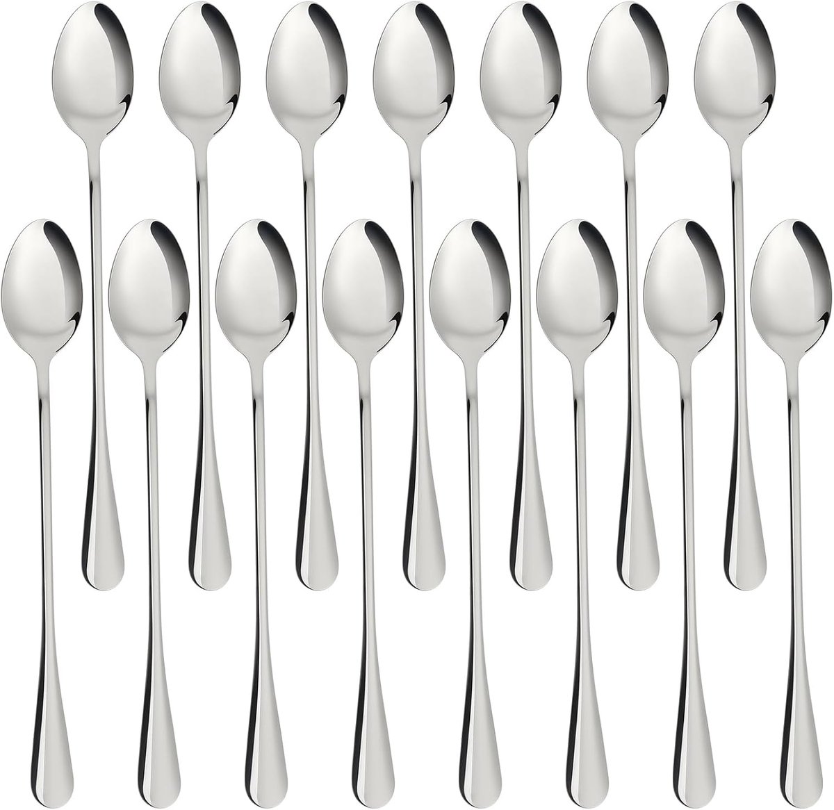 Set van 15 roestvrijstalen lepels, lange latte macchiato-lepels (19,5 cm), theelepels, cocktail-/ijslepel, longdrinklepel, vaatwasserbestendig voor ijskoffie, milkshake, ijsbeker, desserts
