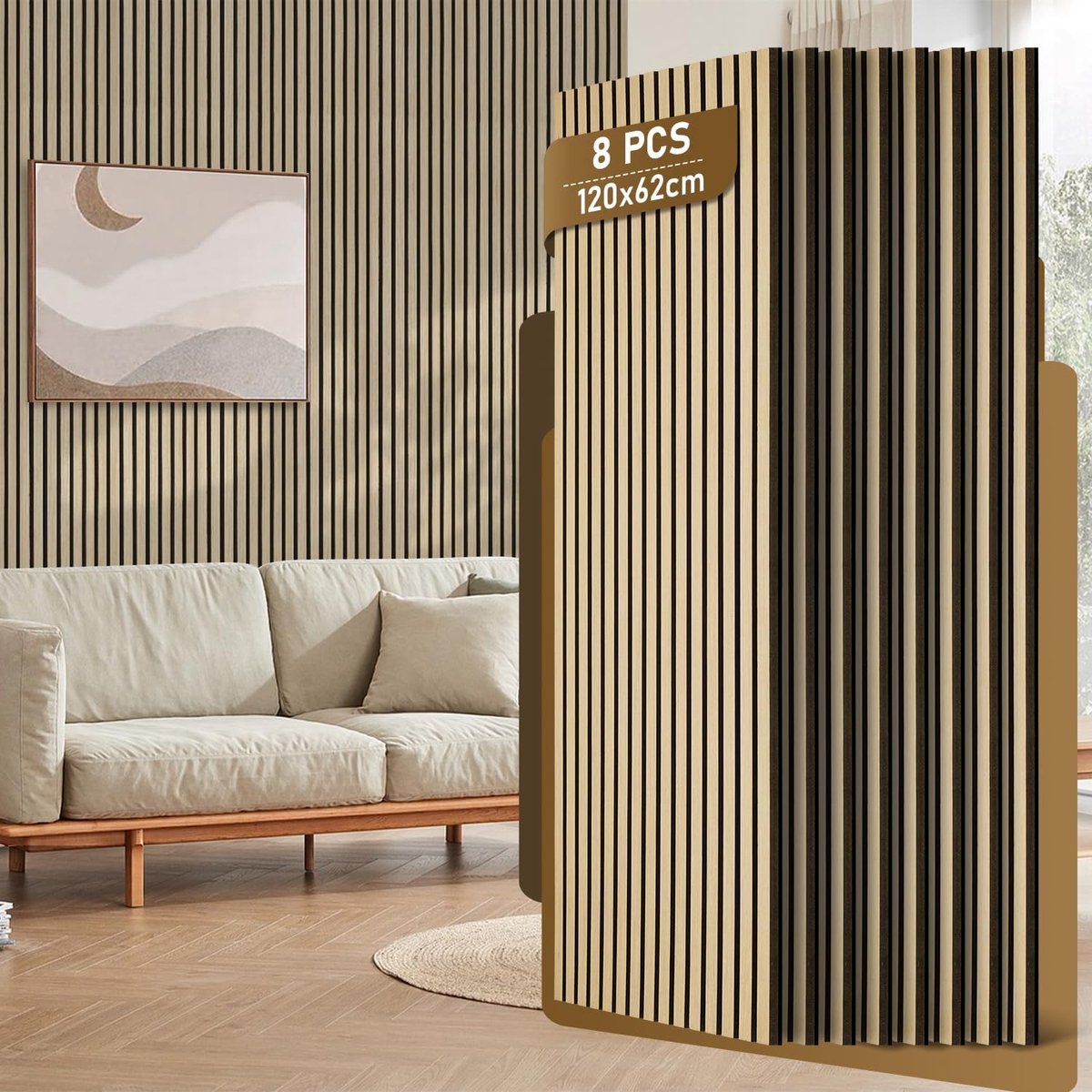 Akoestische panelen, houtlook, 120 x 60 cm, wandpanelen van houtfineer en vilt, houten panelen, ruw hout, wandbekleding voor studio en thuis, binnenwanddecoratie, grote afdekking, 8 stuks