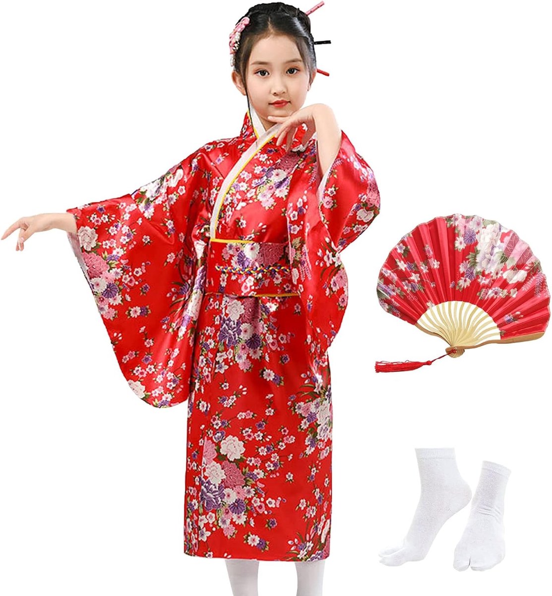 kimono voor kinderen, traditionele Japanse stijl, Sakura Yukata-jurk voor meisjes, imitatie zijde satijnen kimono-gewaad, meisjes, cosplay kostuum, feestjurk, met plooien fan en tabi-sokken