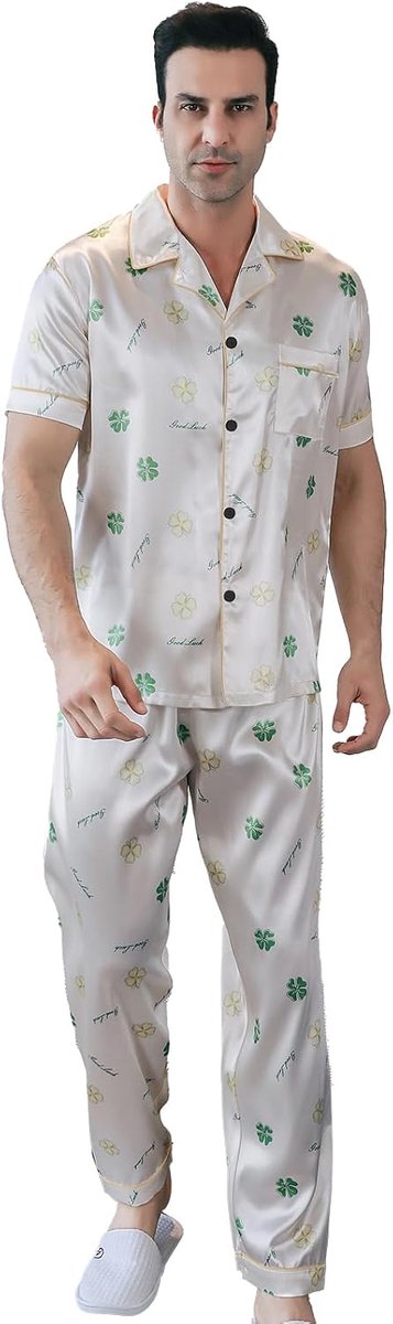 pyjama voor heren, set met korte mouwen, zijdeachtige pyjamabroek, premium button down, nachtkleding, veelkleurig, zijdeachtige pyjamaset voor heren