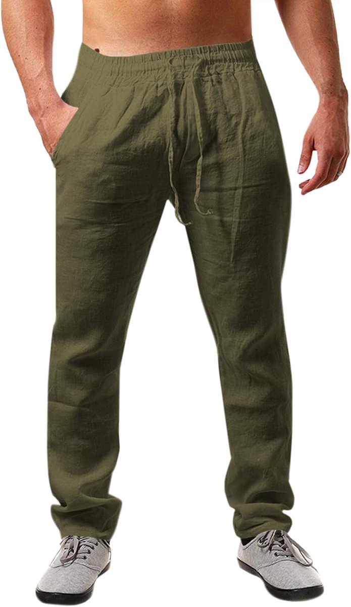 Linnen herenbroek, effen, lang, licht, zomerbroek, losse pasvorm, vrijetijdsbroek met trekkoord, voor vakantie, strand, dagelijks gebruik