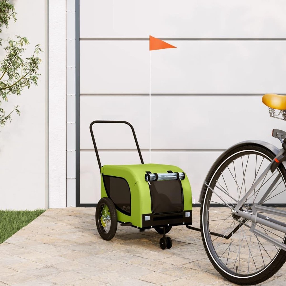 Fietskar voor honden tot 30 kg, opvouwbare hondenaanhanger met ijzeren frame, weerbestendig Oxford-weefsel, kijkvenster, inclusief veiligheidsvlag, groen/zwart