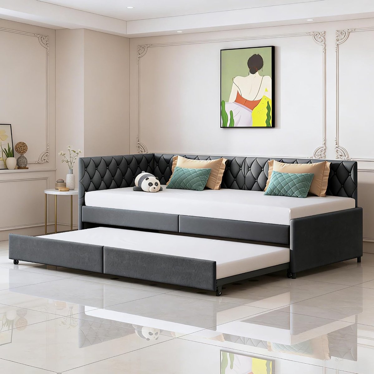 Slaapbank, 90 x 200 cm, slaapbank met schuifladen en behaaglijk fluweel, velours, dagbed om uit te trekken met lattenbodem, modern logeerbed, zonder matras (grijs, 200 cm x 90 cm)
