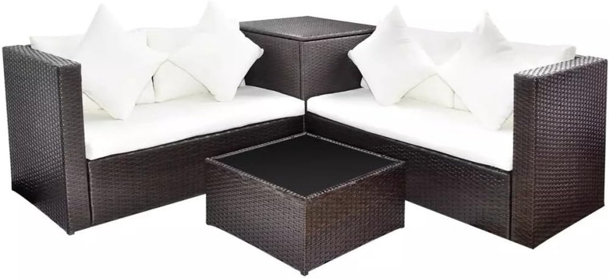 Angoalre sofa en stoelen, vierkant, voor buiten van rotan, bruin/zwart, moderne 4-zitsbank met lage tafel, vierkant, voor de tuin, rotan
