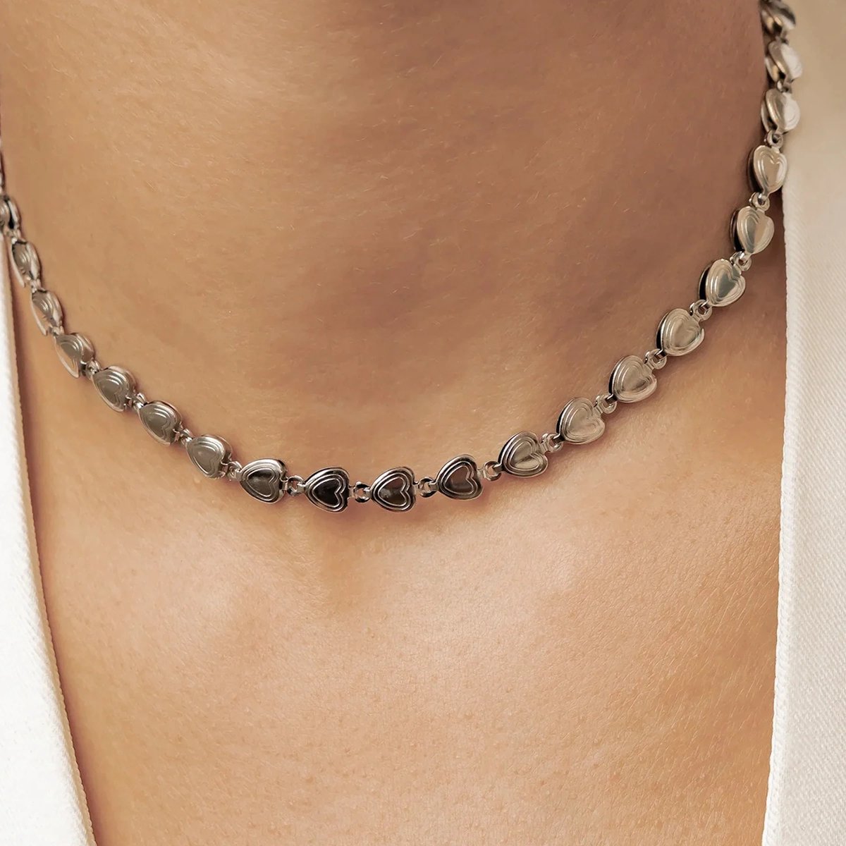 Hey Happiness Hartjes Schakel Choker Dames - RVS - Zilver - Hartjes Ketting - Waterproof - Verstelbaar - Valentijnscadeau Voor Haar