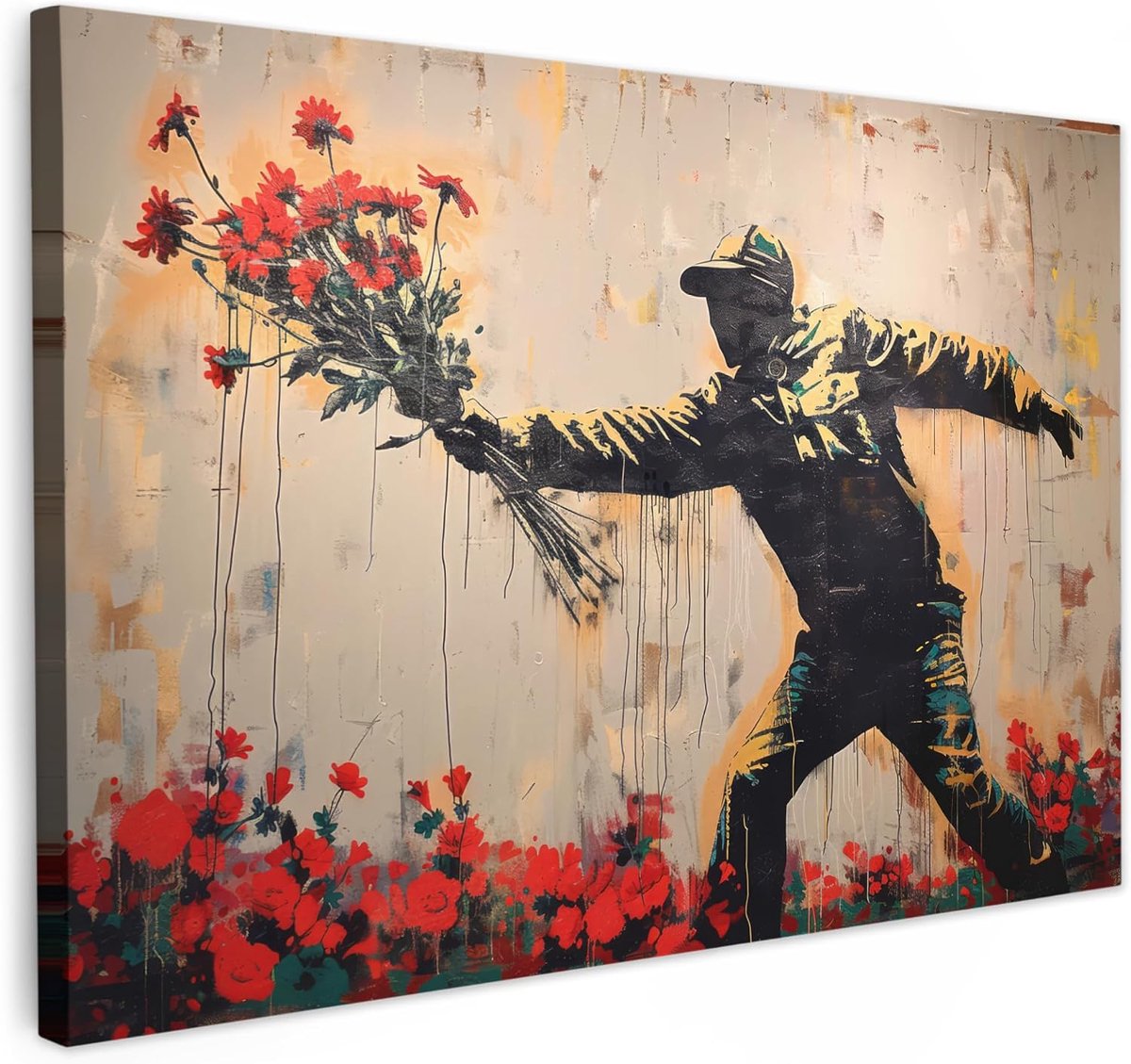 Tuinschilderij 150x100 cm Room Decor Kamer Decoratie Terras Wanddecoratie Wall Balkon Decoration Canvas Muur Art Painting Street art - Man - Bloemen - Rood - Graffiti - Banksy