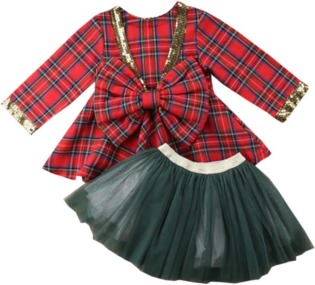 Kerstjurk, voor meisjes, lange mouwen, geruit, rood met tutu, groene rok, met strik - - 90(2-3 ans)