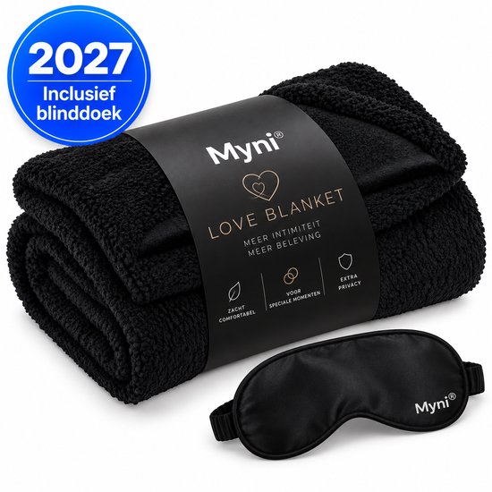 Opgerolde zwarte "LOVE BLANKET" met label en zwarte blinddoek ernaast. Label met "Zacht comfortabel", "Voor speciale momenten", "Extra privacy". Blauwe cirkel: "2027 inclusief blinddoek".