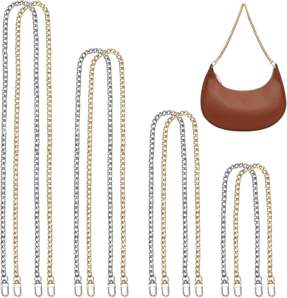 8 stuks ketting handtas, goudkleurig, zilver, ketting, handtas, 120/80/60/40 cm, metalen ketting, reserveonderdeel, schouderriem, handvat, Goud, Zilver