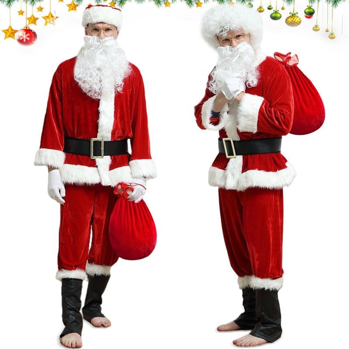Kerstmankostuum voor volwassenen, 10-delig kerstmankostuum voor volwassenen met baard, kerstmankostuum voor volwassenen, kerstmankostuum voor Kerstmis, feesten, feesten