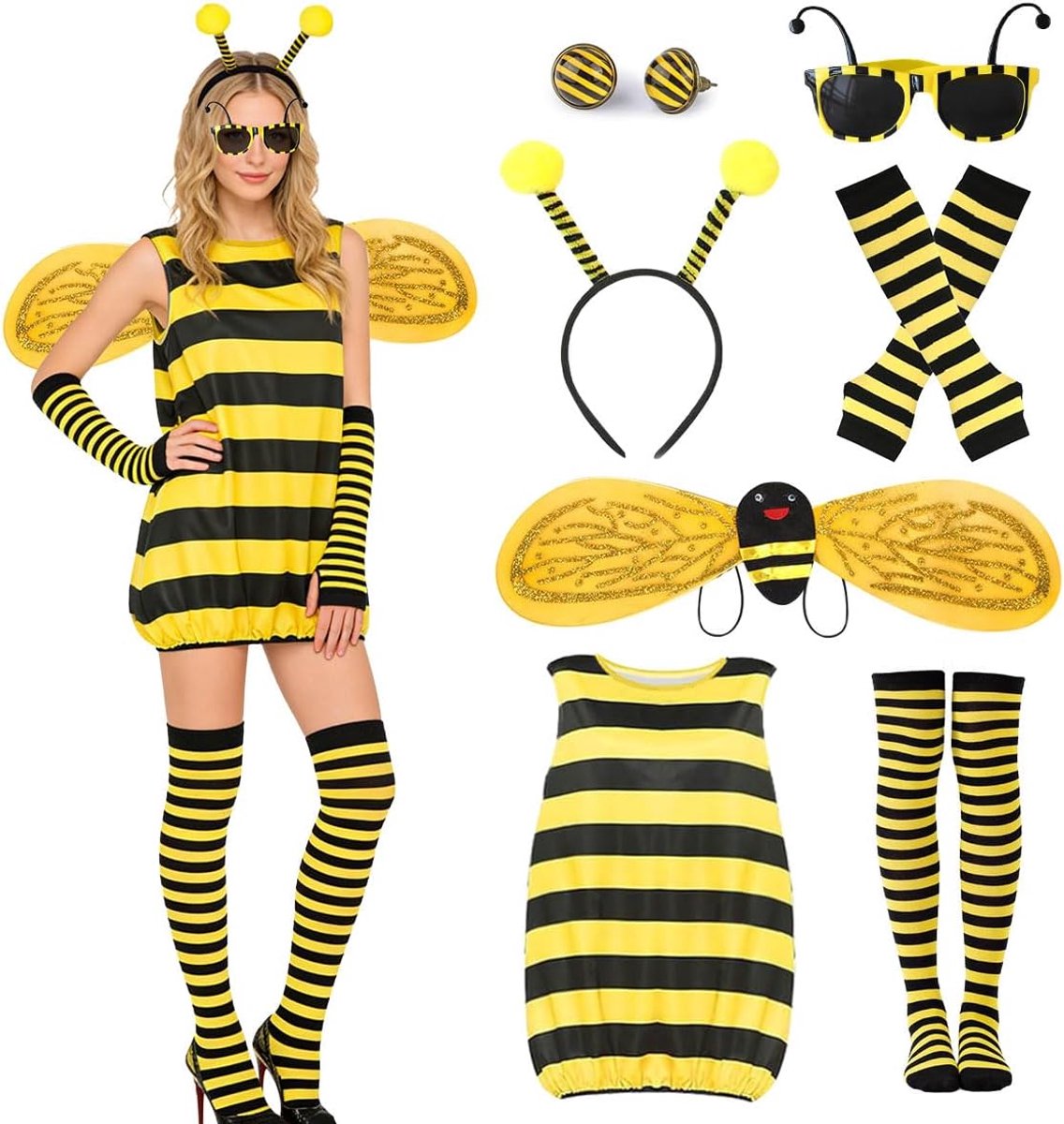 Bijenkostuum voor dames, 4 stuks dierenbijenkostuum, bijenjurk voor dames + vleugels + antenneband + kniekousen, carnavalskostuum dames bijen voor verjaardag, cosplay, verkleedpartij (M, L, XL)