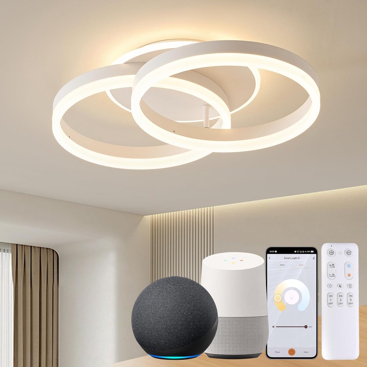 plafondlamp, led, compatibel met Alexa, 50 cm, 2-ringdesign, 36 W, plafondlamp, woonkamer, modern, met afstandsbediening, dimbaar, met nachtlampje, voor keuken, slaapkamer, eetkamer