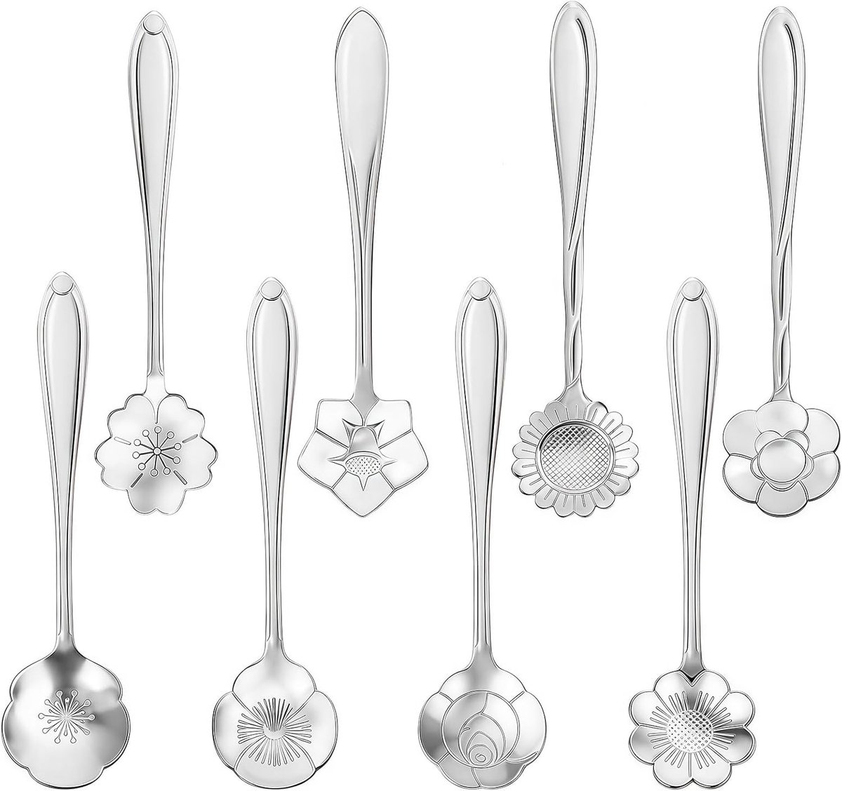 8 Lepels, Bloemen Theelepelset Van Roestvrijstaal Voor Koffie En Dessert, Creatief Bestek Om Te Roeren Voor Theepartij, Café, Bar, Keuken (Zilver)