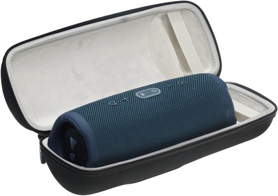 Zwarte, open speakerhoes met blauwe JBL Charge 4 speaker erin.