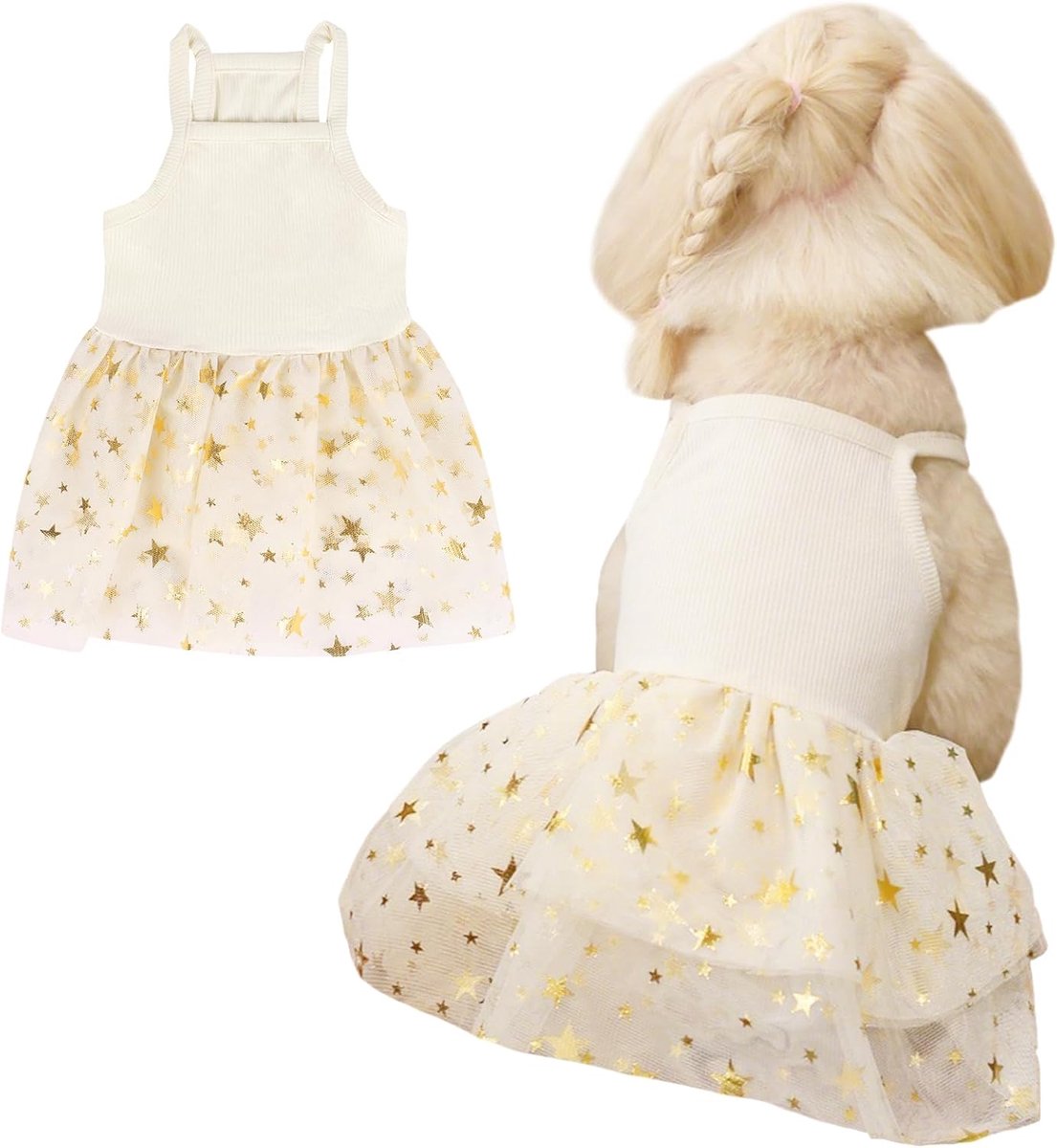 Jurk voor Hond en Kat, Zomer Tule Kanten Jurk, Schattige Puppy Glitterrok met Sterren, Feestkleding voor Kleine Middelgrote Huisdieren, Polyester, Geel, L