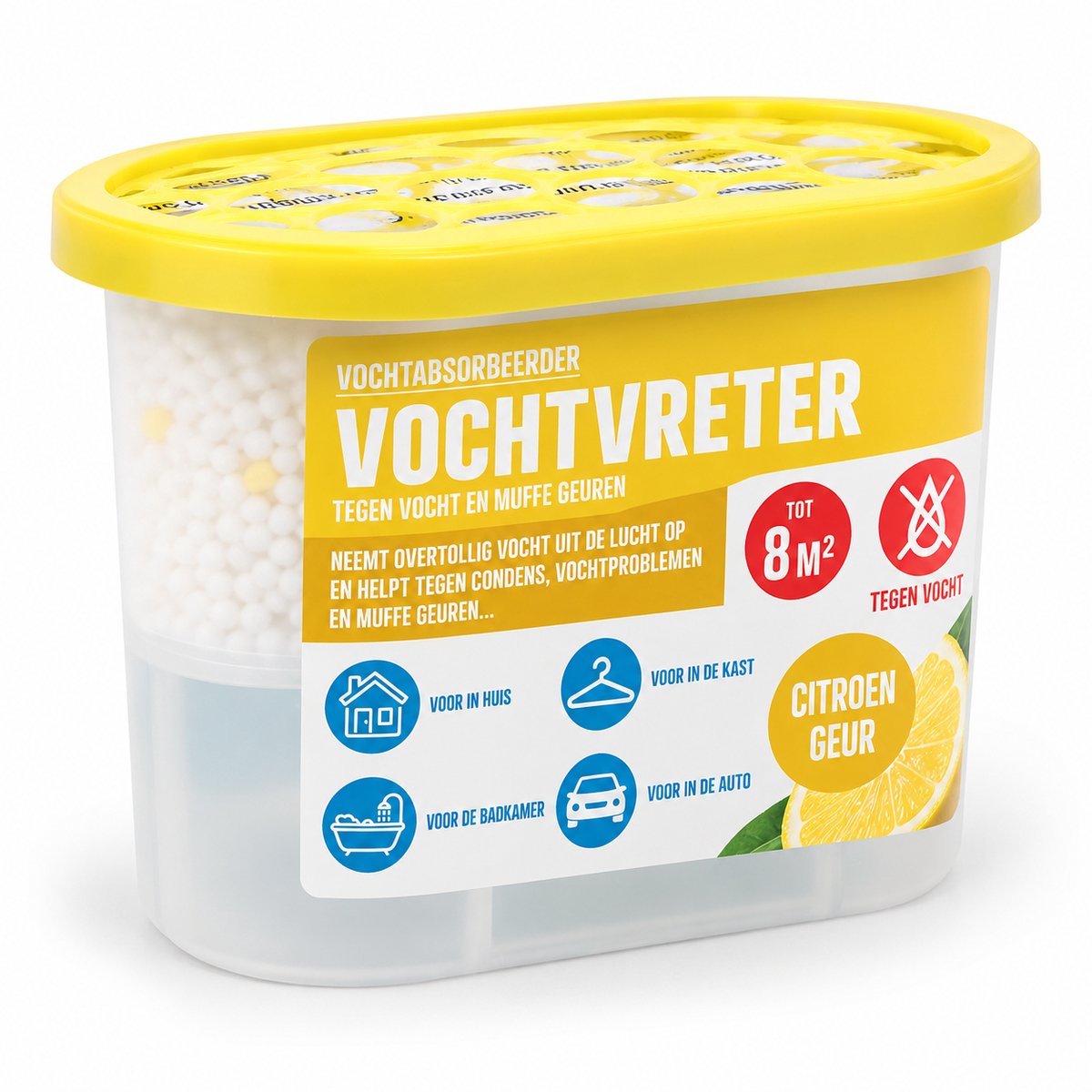 Vochtvreter met Citroengeur – Vochtabsorbeerder tot 8 m² – Tegen Vocht, Condens & Muffe Geuren – Voor Badkamer, Kast, Auto & Woning – Geel