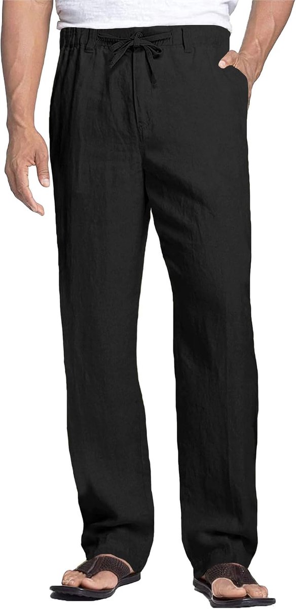 Heren Linnen Broek Lichtgewicht, Zomerbroek Casual, Strandbroek met Trekkoord en Zakken, Zwart, XL