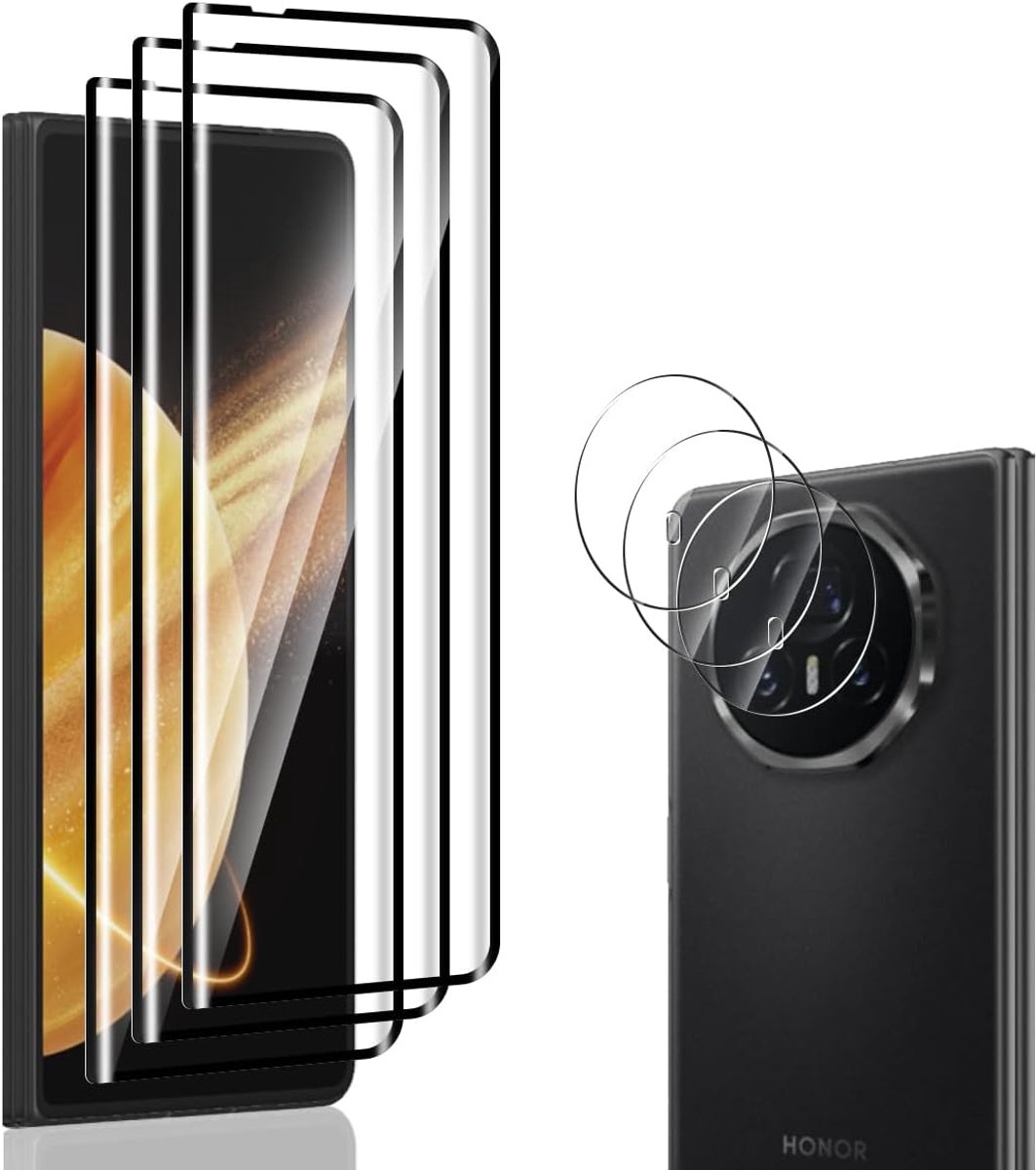 Beschermfolie voor Honor Magic V3, pantserglas [3 stuks] en camerabescherming, 3 stuks, 9H/HD displaybescherming/luchtbelvrij/anti-krassen, pantserfolie voor Honor Magic V3