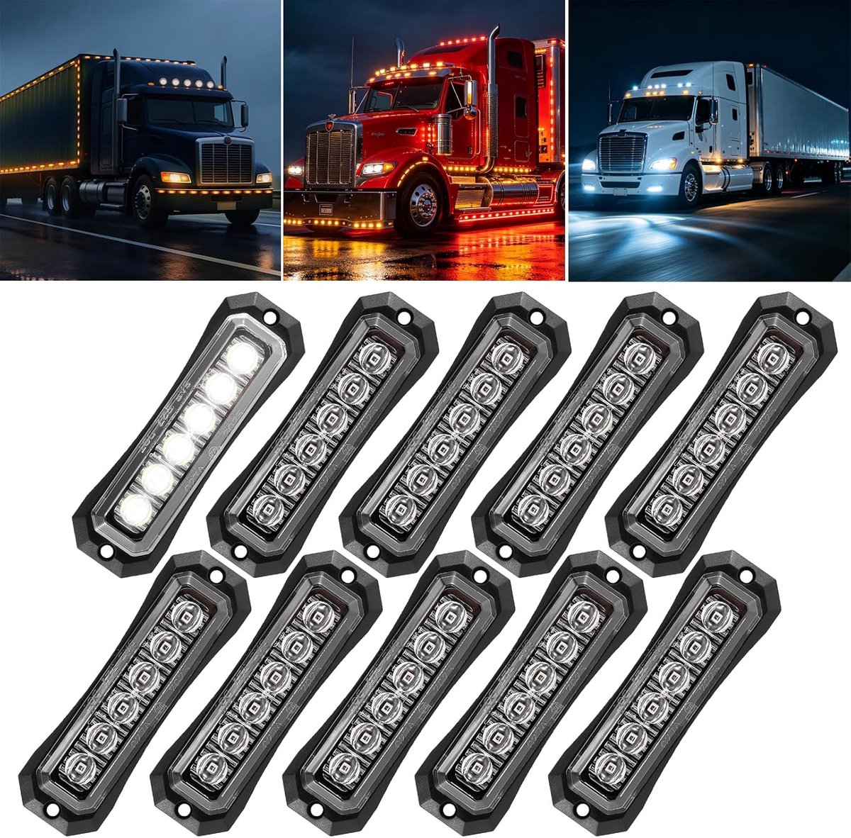 10 x led-markeringslampen, 12 V-24 V, aanhanger, voor vrachtwagen, bus, caravan, bedrijfswagen, robuust en waterdicht, IP65, 6 leds, universeel, industriële stijl (wit licht)