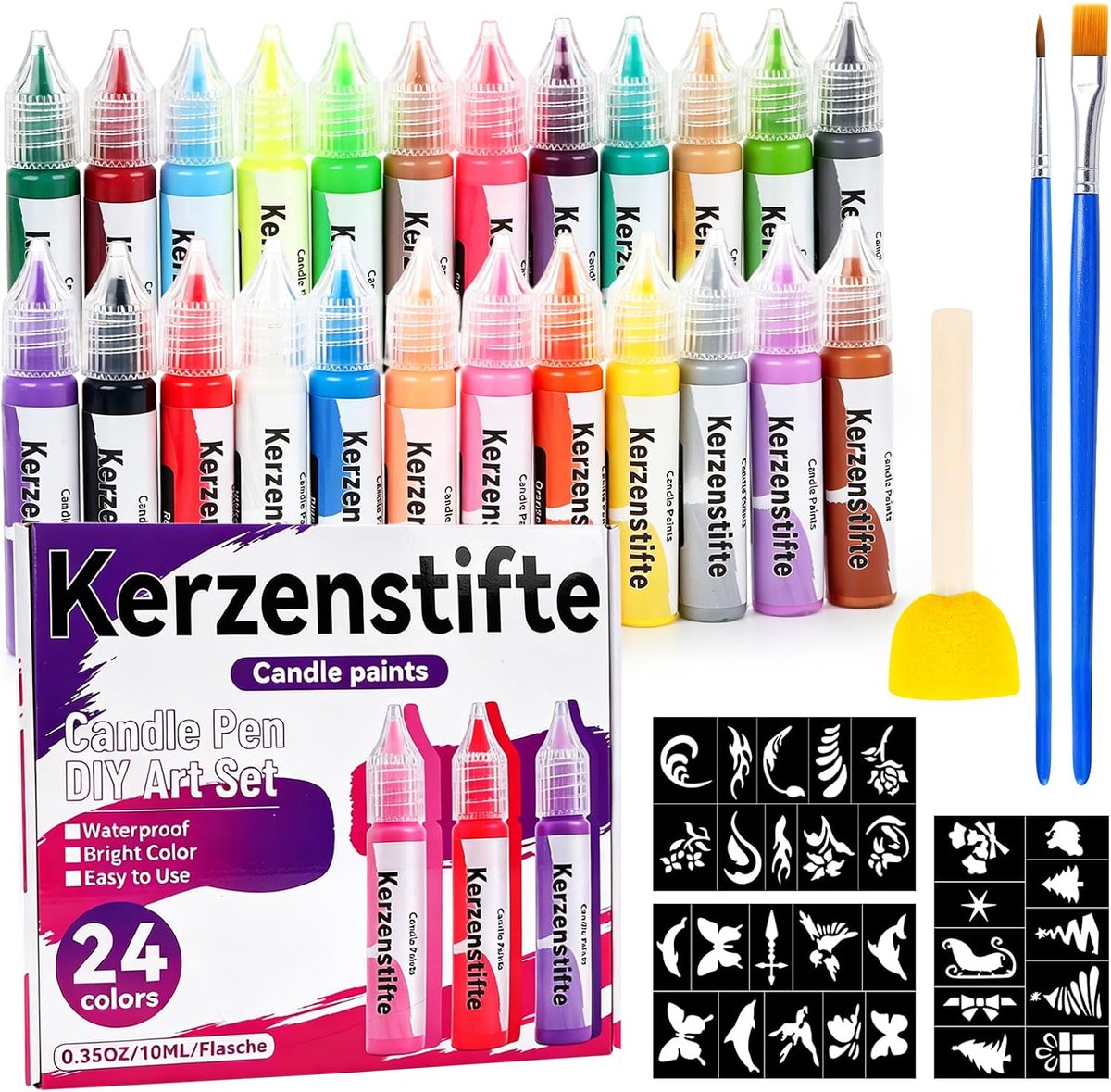 Kaarsenstiften, wasstiften, 10 ml, kaarsentekenstift met 3 willekeurige kleursjablonen en sponsstempels, 24 gekleurde doe-het-zelf knutselpenselen, kaarsenschilderset voor decoratieve en