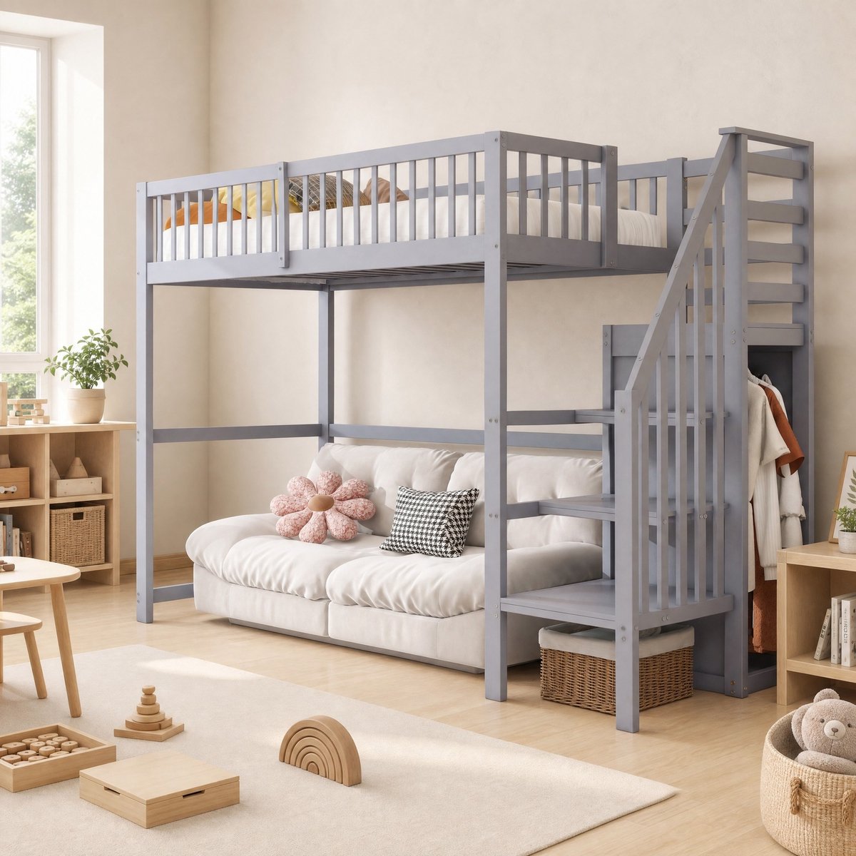 WUVRIE Hoogslaper 90x200 cm met trap, kledingkast en opbergruimte, kinderbed van hout en MDF, grijs