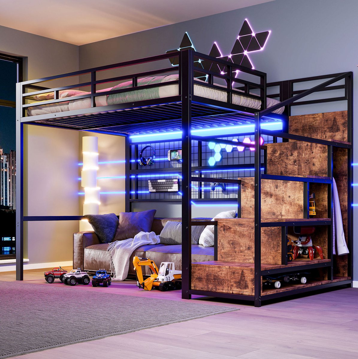 WUVRIE Hoogslaper 140 x 200 cm met opbergtrap, kledingkast, hangrooster en 7-kleuren LED-verlichting, zwart