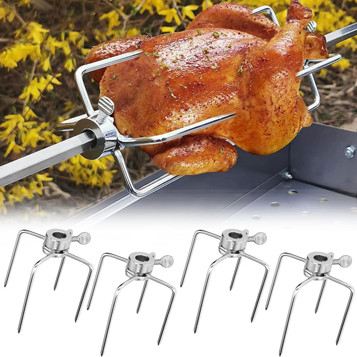 4 PCS Stalen rotisserievorken, roestvrijstalen barbecue-rotisserievorken, geschikt voor vierkante spiesen van 8 x 8 mm, vleesspiesen voor barbecue, gemakkelijk schoon te maken