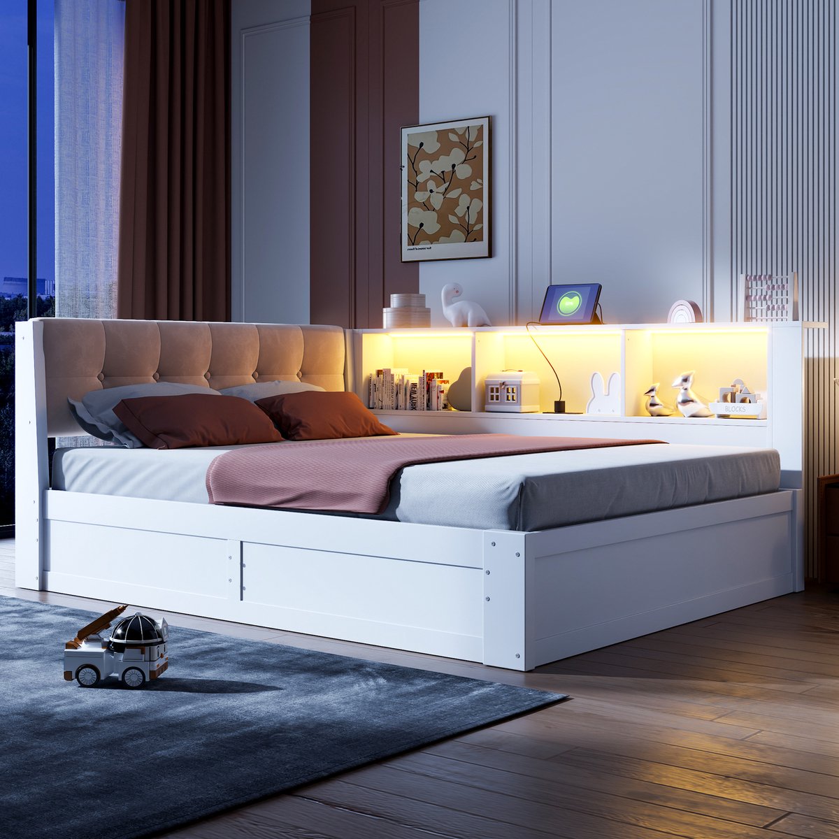 Zubaliya Dagbed 140 x 200 cm - met opbergruimte, zijrek, LED en USB - wit
