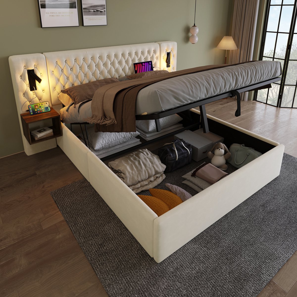 Zubaliya Gestoffeerd bed 180 x 200 cm - met opbergruimte, 2 nachtkastjes en leeslampen - beige