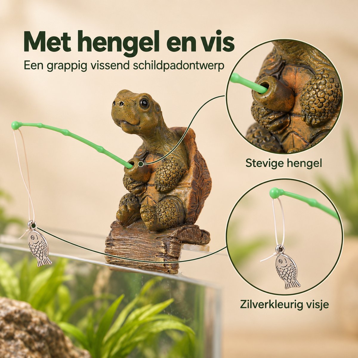 Gloovon Vissende Schildpad Aquariumdecoratie - Randhanger Beeldje met Hengel & Vis - Geschikt voor Aquariumrand - Polyresin - 6.7 cm