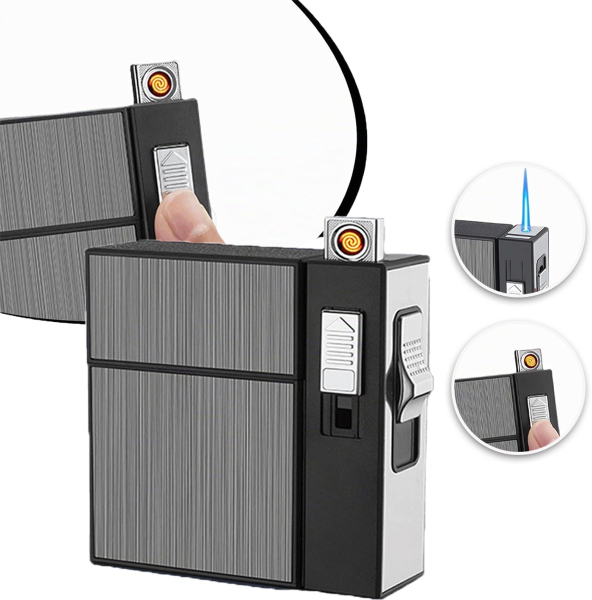 USB Oplaadbare Sigarettenhouder Met Aansteker – Windbestendig En Biedt Plaats Aan 20 Sigaretten – Lichtgewicht Metaal – Ideaal Voor Buitenactiviteiten En Dagelijks Gebruik