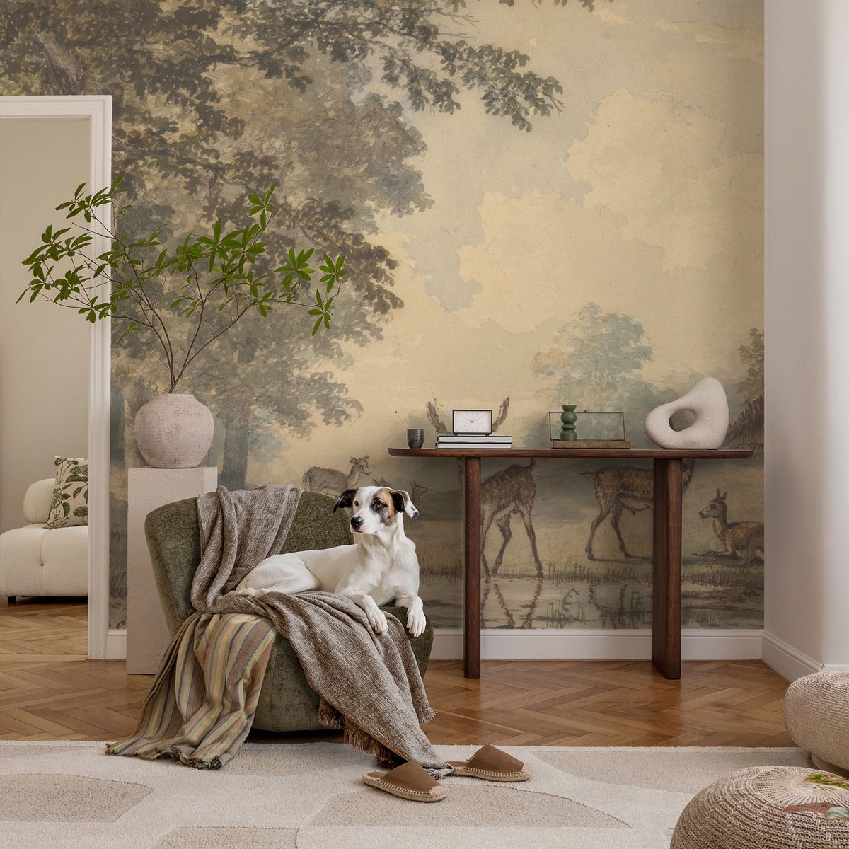Coloray Vliesbehang - Beige Snellijm Behang - 104x70 cm - Bosvrede Muurschildering - Gang behang Landschappen - Fotobehang Vlies - Slaapkamer behang